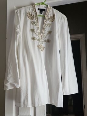 INC International Concepts White Tunic with Gold Embellished V-Neck